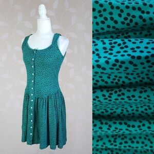 Vintage 90s South Beach Teal Black Polka Dot Cutout Back Button Front Mini Dress